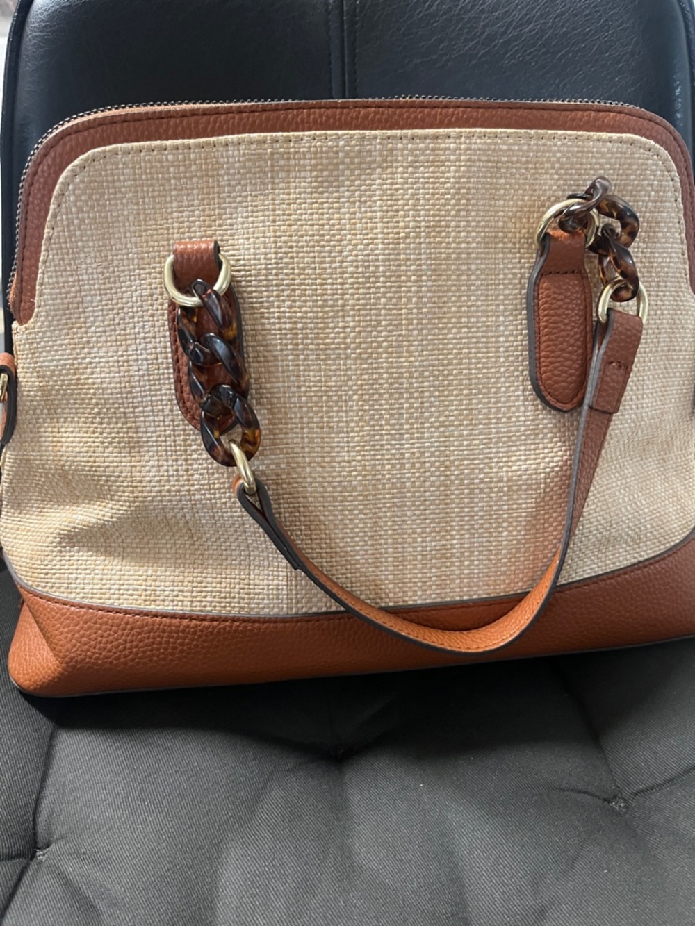 Nanette Lepore Cream and Brown Woven Satchel with Tortoiseshell Accents - Picture 4 of 8